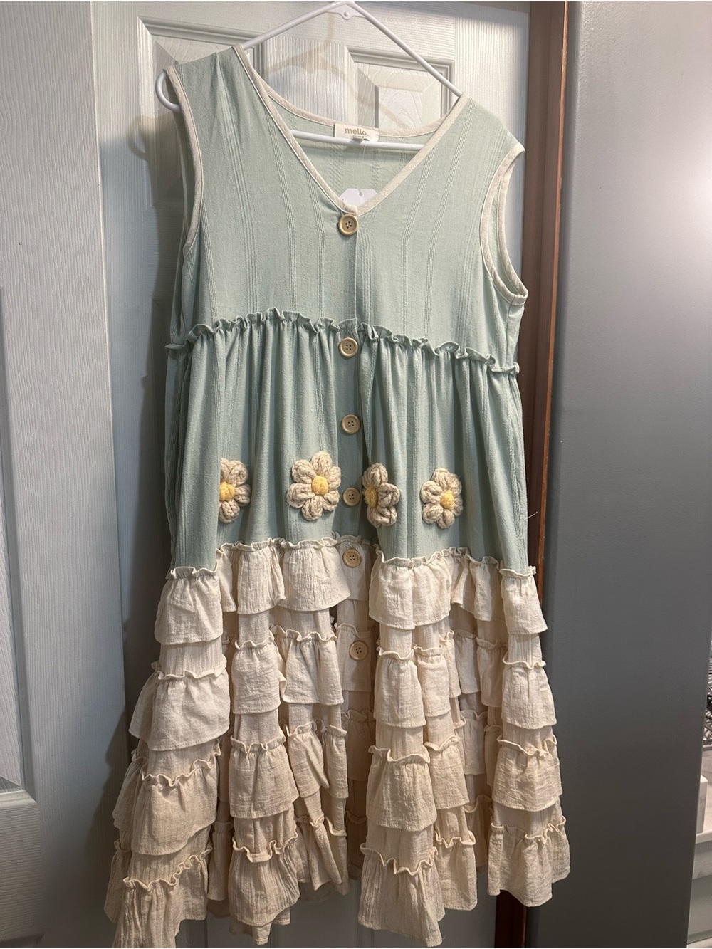 Mellie & Me Sage Green and Cream Ruffle Flower Button-Front Dress
